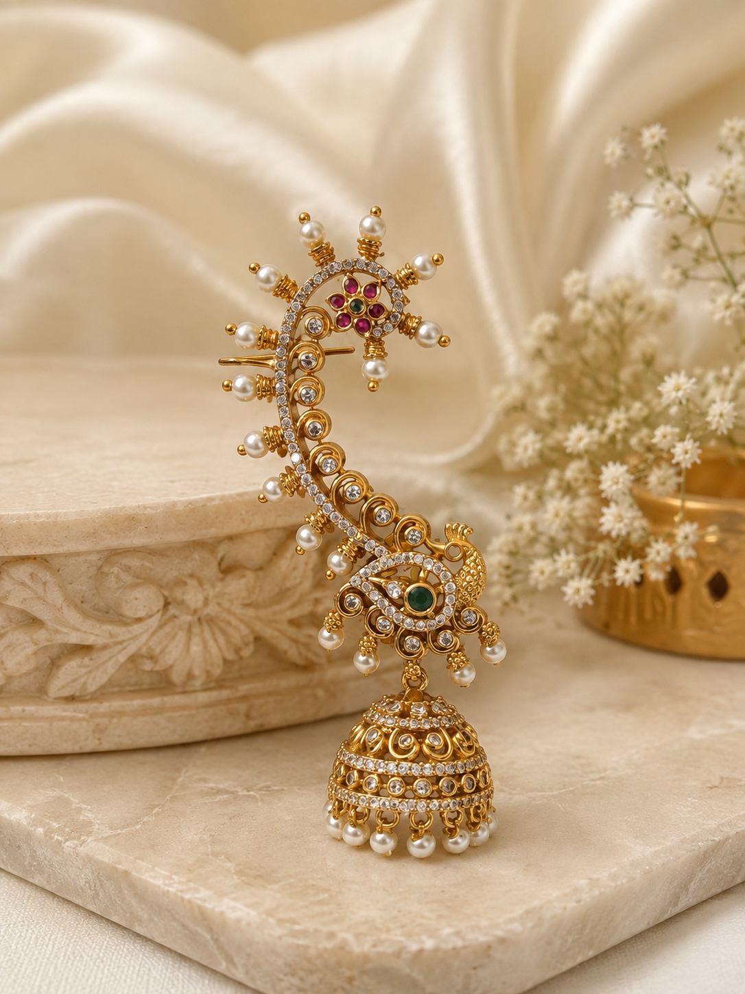 Mayilini - Peacock Jhumka Earrings with Ear Cuff & Pearl Drops | Antique Gold Indian Earrings