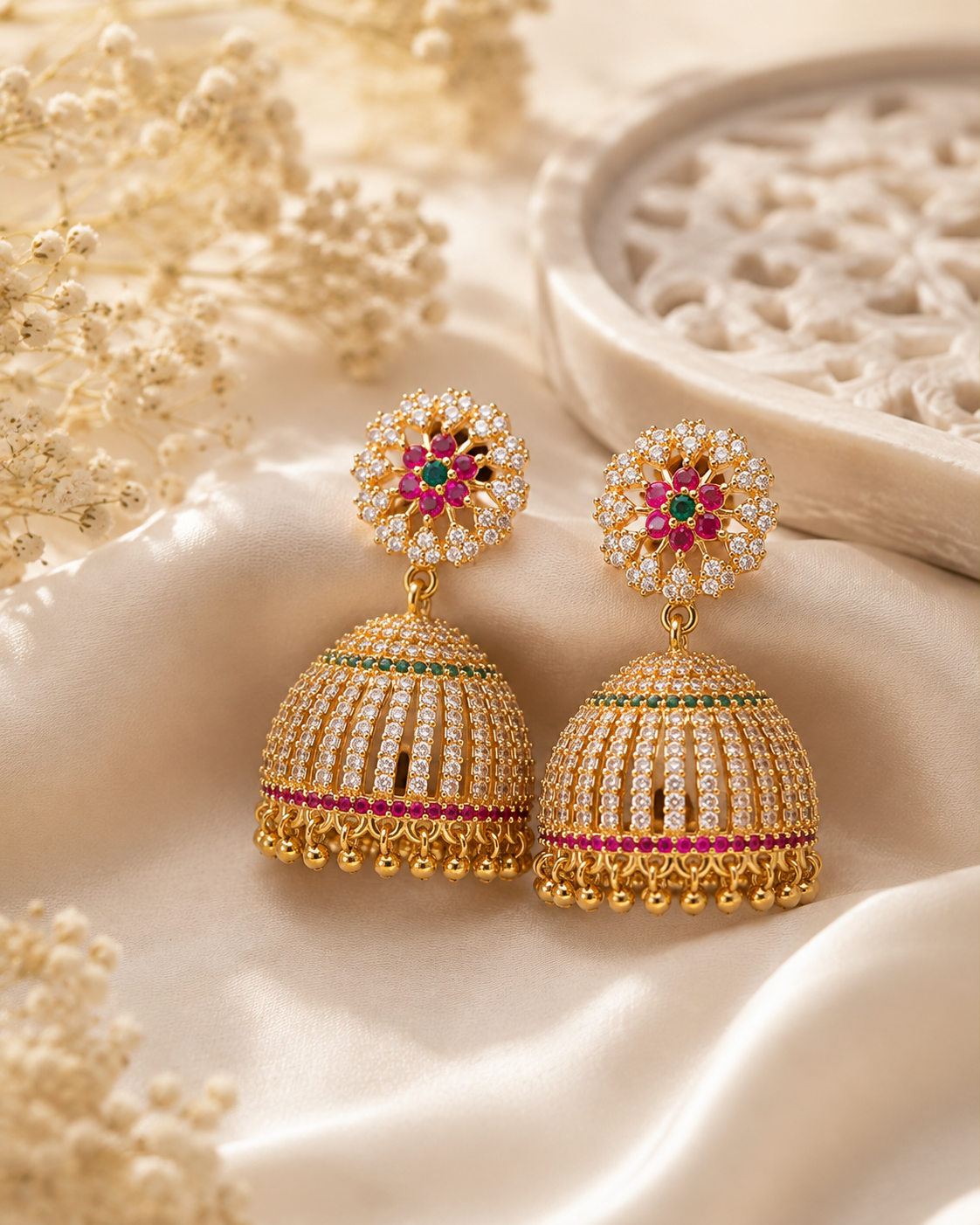 Shakya - Micro Gold Plated CZ Jhumka Earrings with Ruby & Green Stones