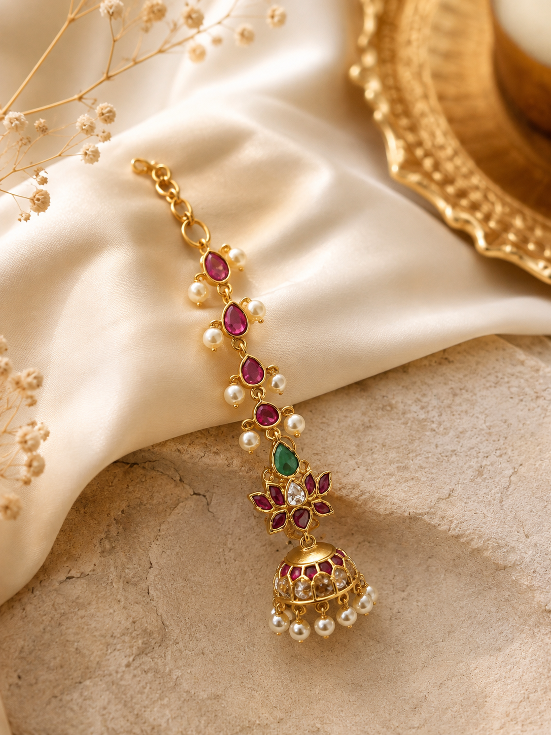 Malar - Kemp Stone Lotus Jhumka Earrings with Mattal Ear Chain | South Indian Jewellery Australia