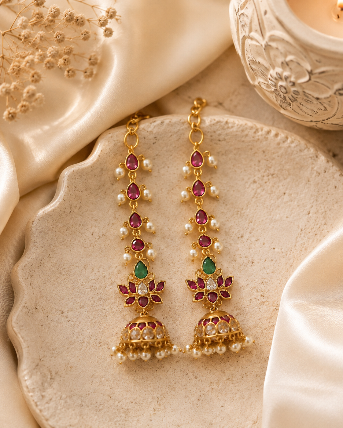 Malar - Kemp Stone Lotus Jhumka Earrings with Mattal Ear Chain | South Indian Jewellery Australia