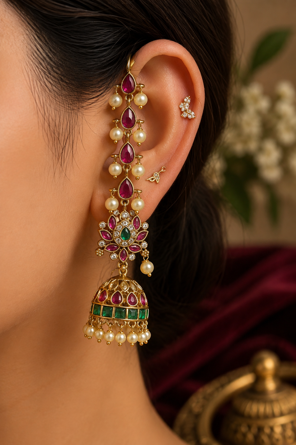 Madhurya Kemp Jhumka Earrings with Mattal Ear Chain – Ruby, Green & Pearl
