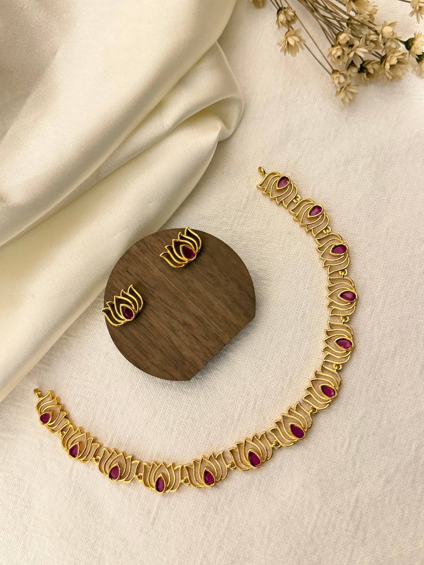 Grace Padma - Lotus Necklace & Stud Earrings Set – Micro Gold Plated Indian Jewellery