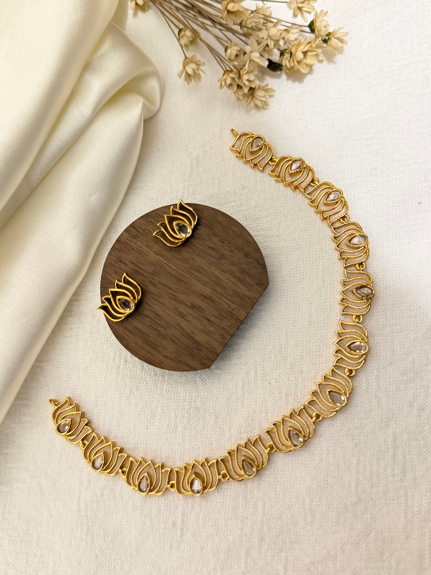 Grace Padma - Lotus Necklace & Stud Earrings Set – Micro Gold Plated Indian Jewellery
