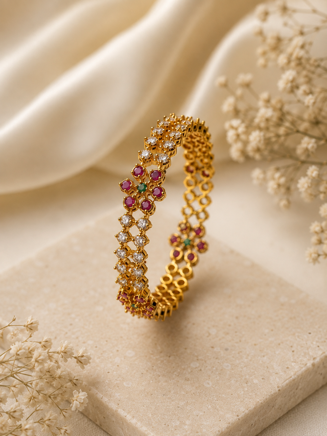 Rithika - Ruby & Emerald Floral CZ Gold-Plated Bangle | Indian Jewellery Australia