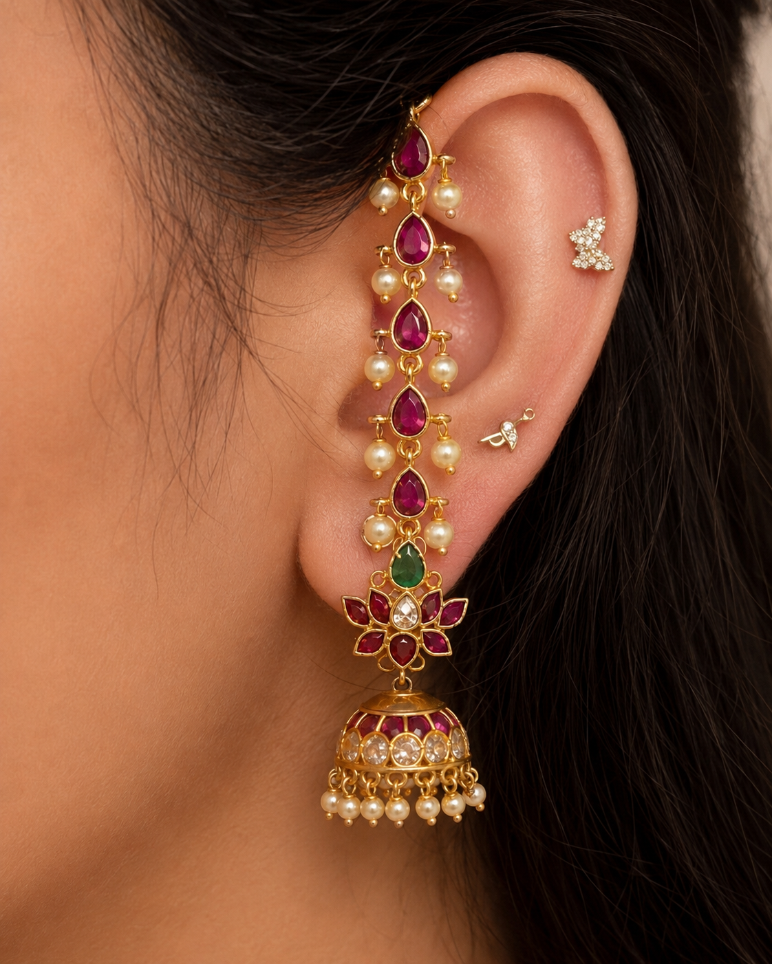 Malar - Kemp Stone Lotus Jhumka Earrings with Mattal Ear Chain | South Indian Jewellery Australia