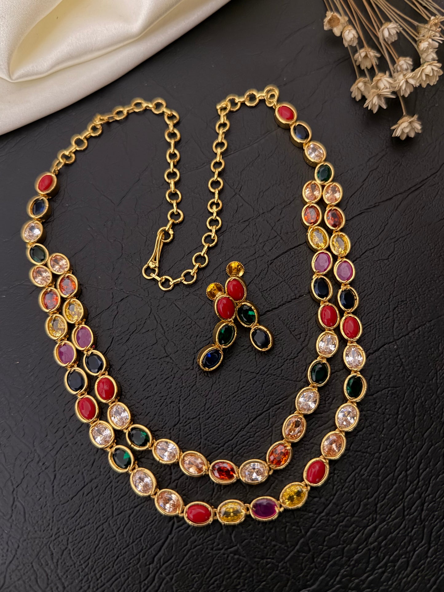 Shana – Premium Navaratna-Style CZ Double-Layer Gold-Plated Necklace Set