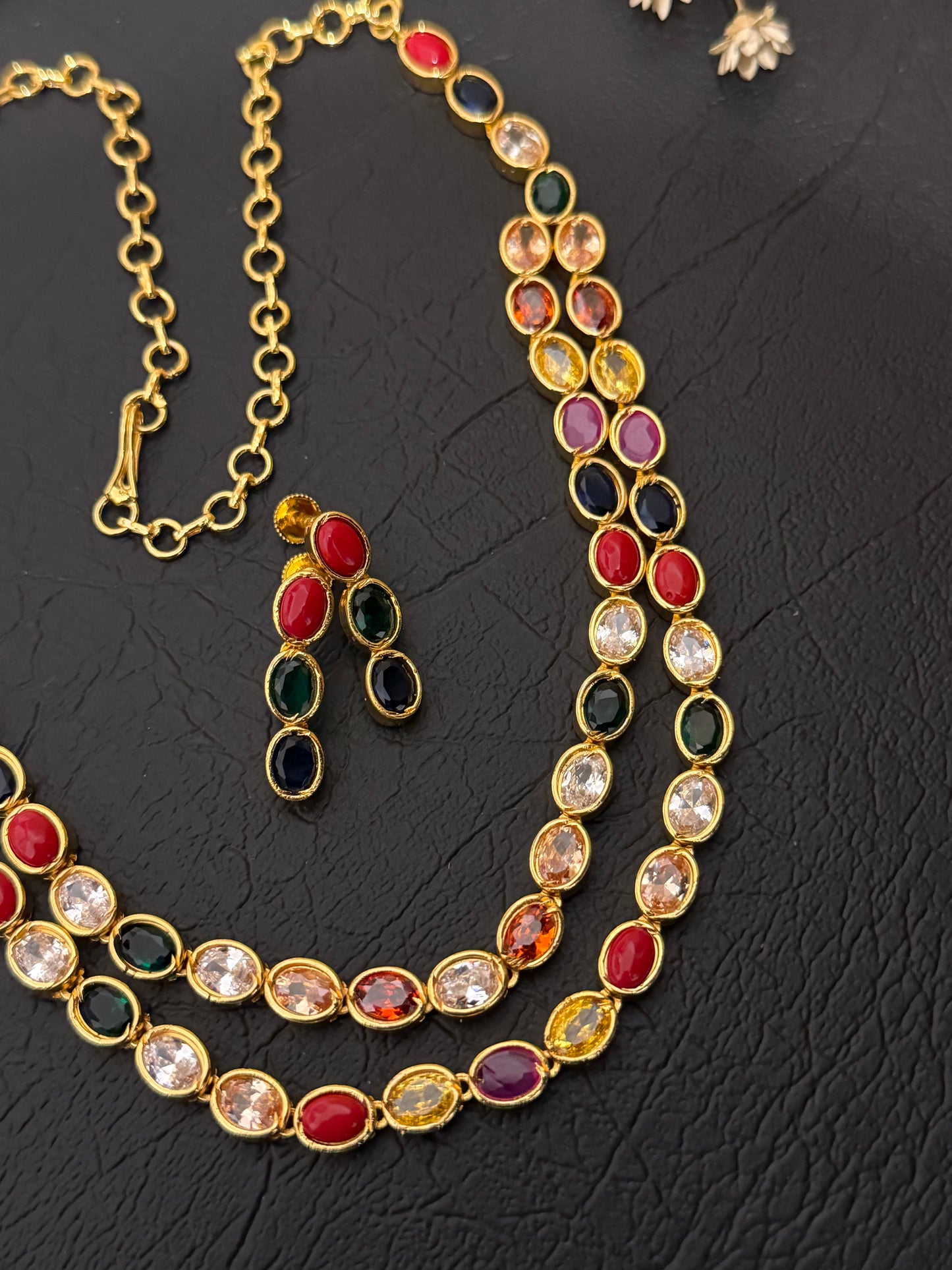Shana – Premium Navaratna-Style CZ Double-Layer Gold-Plated Necklace Set
