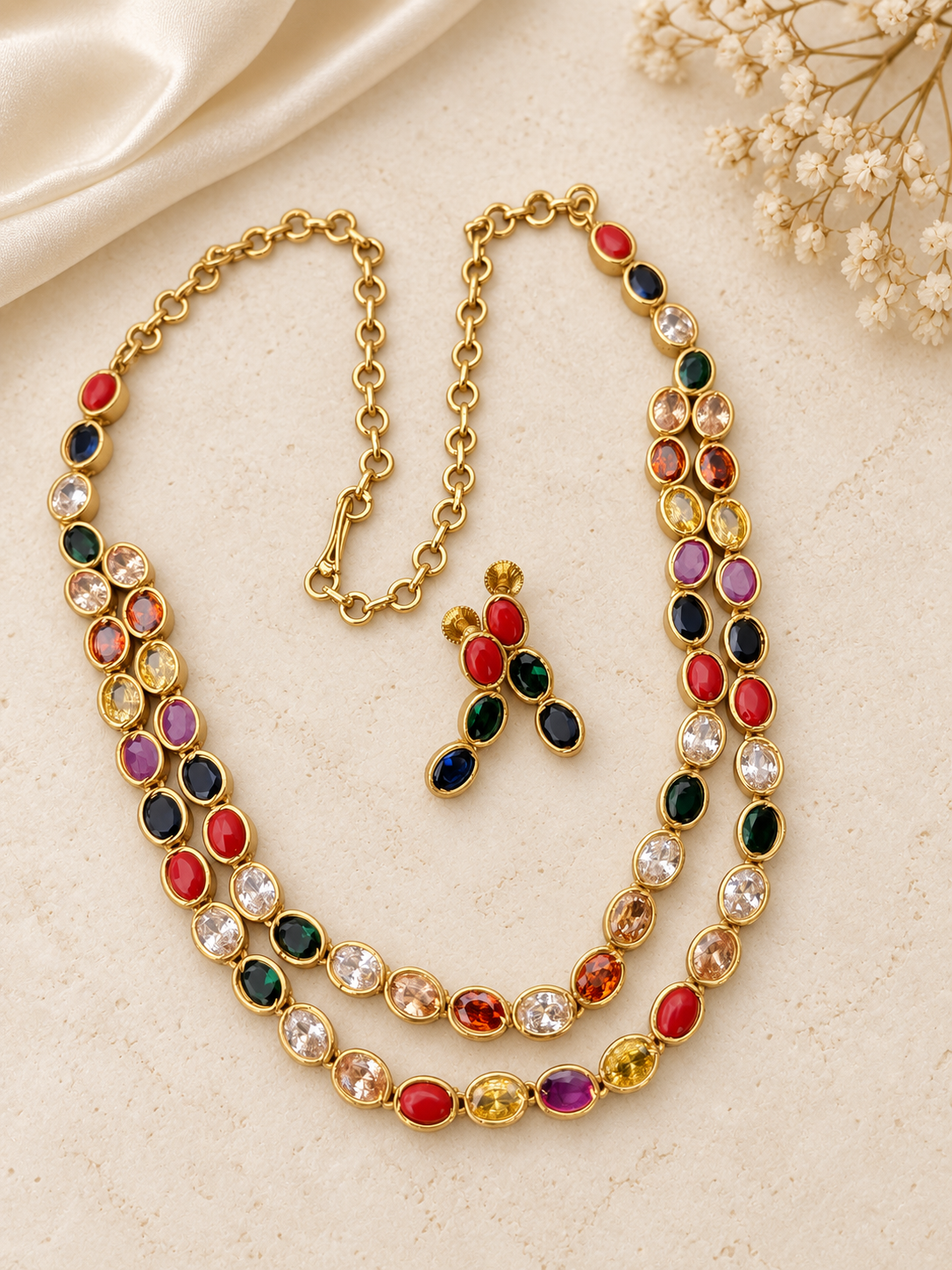Shana – Premium Navaratna-Style CZ Double-Layer Gold-Plated Necklace Set