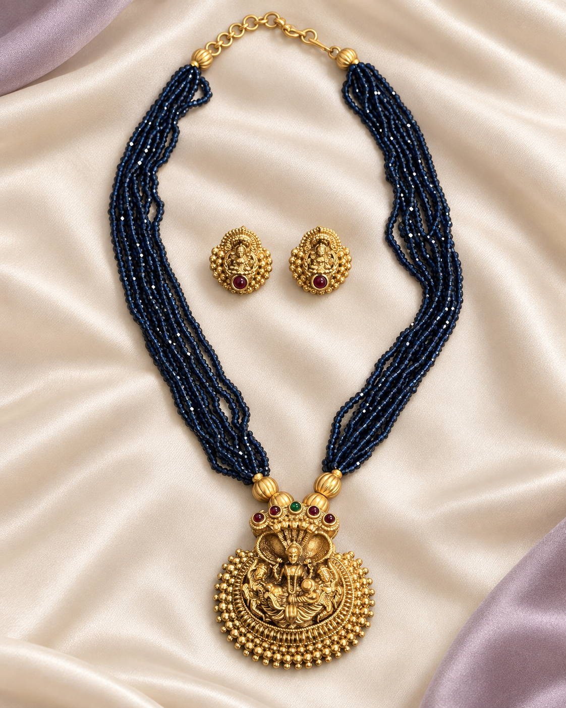Neelambari - Lakshmi Devi 8-Layer Dark Blue Crystal Bead Necklace Set