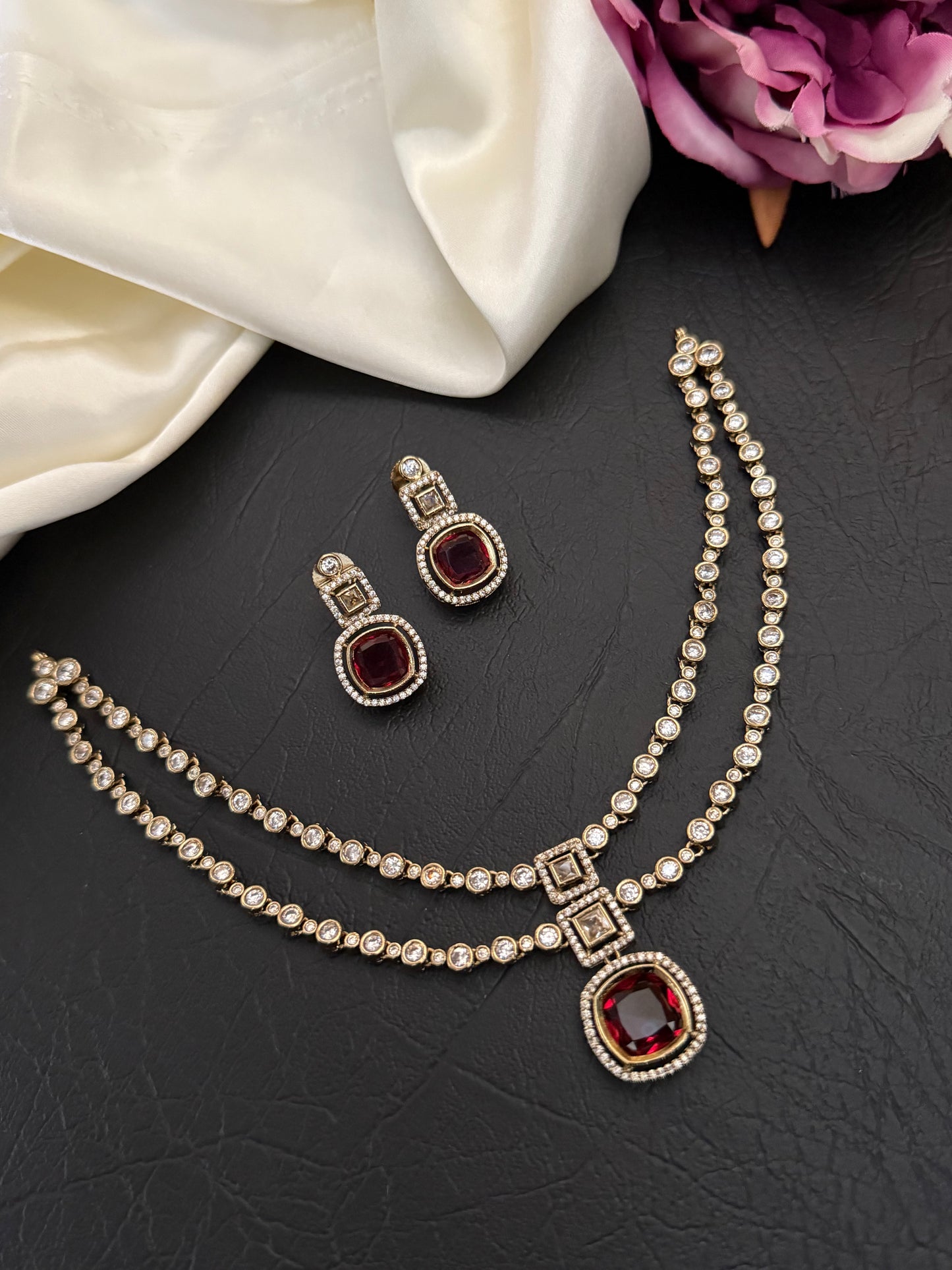 Tina - Burgundy CZ Double-Layer Necklace Set