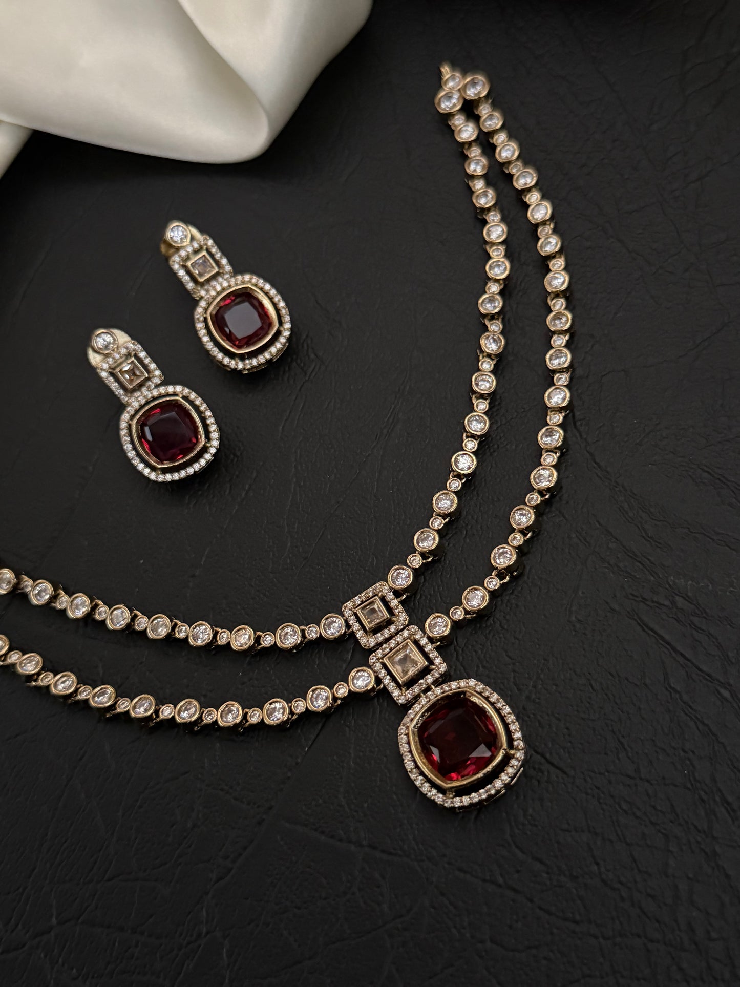 Tina - Burgundy CZ Double-Layer Necklace Set