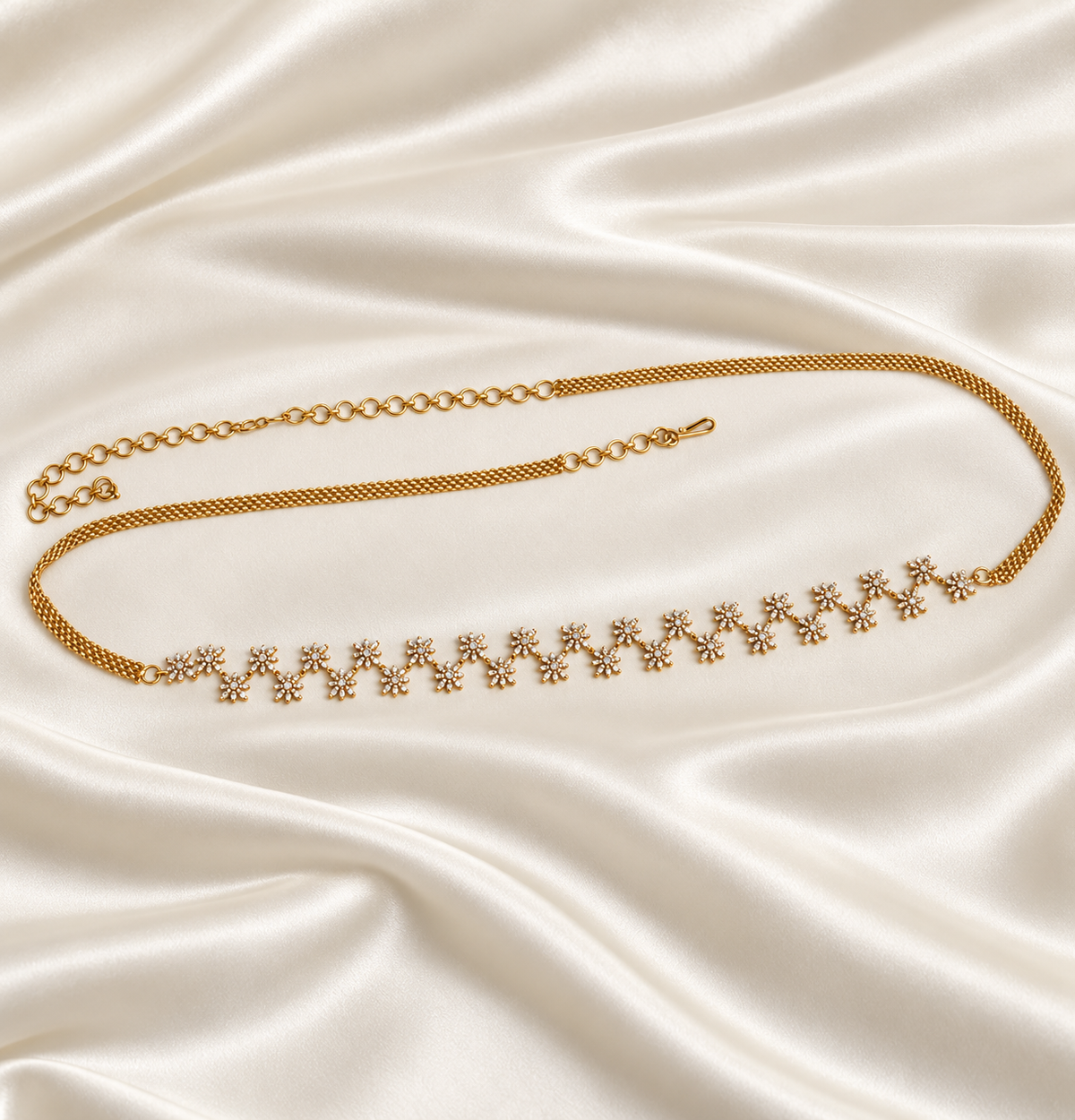 Eshani V1 - White Stone Hip Chain | Antique Gold-Tone Waist Chain & Aranjanam