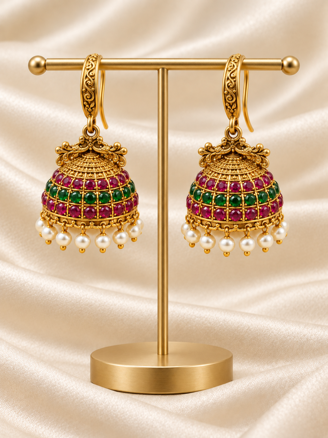 Veda - Red and Green Hoop Jhumka Earrings with Pearl Drops | Budget-Friendly Indian Jhumkas Australia