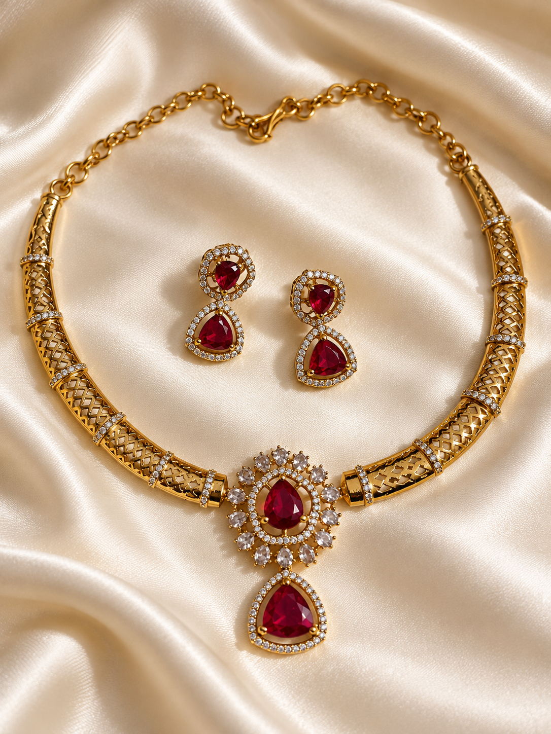 Ravina - Ruby Red CZ Hassle Necklace Set with Matching Earrings