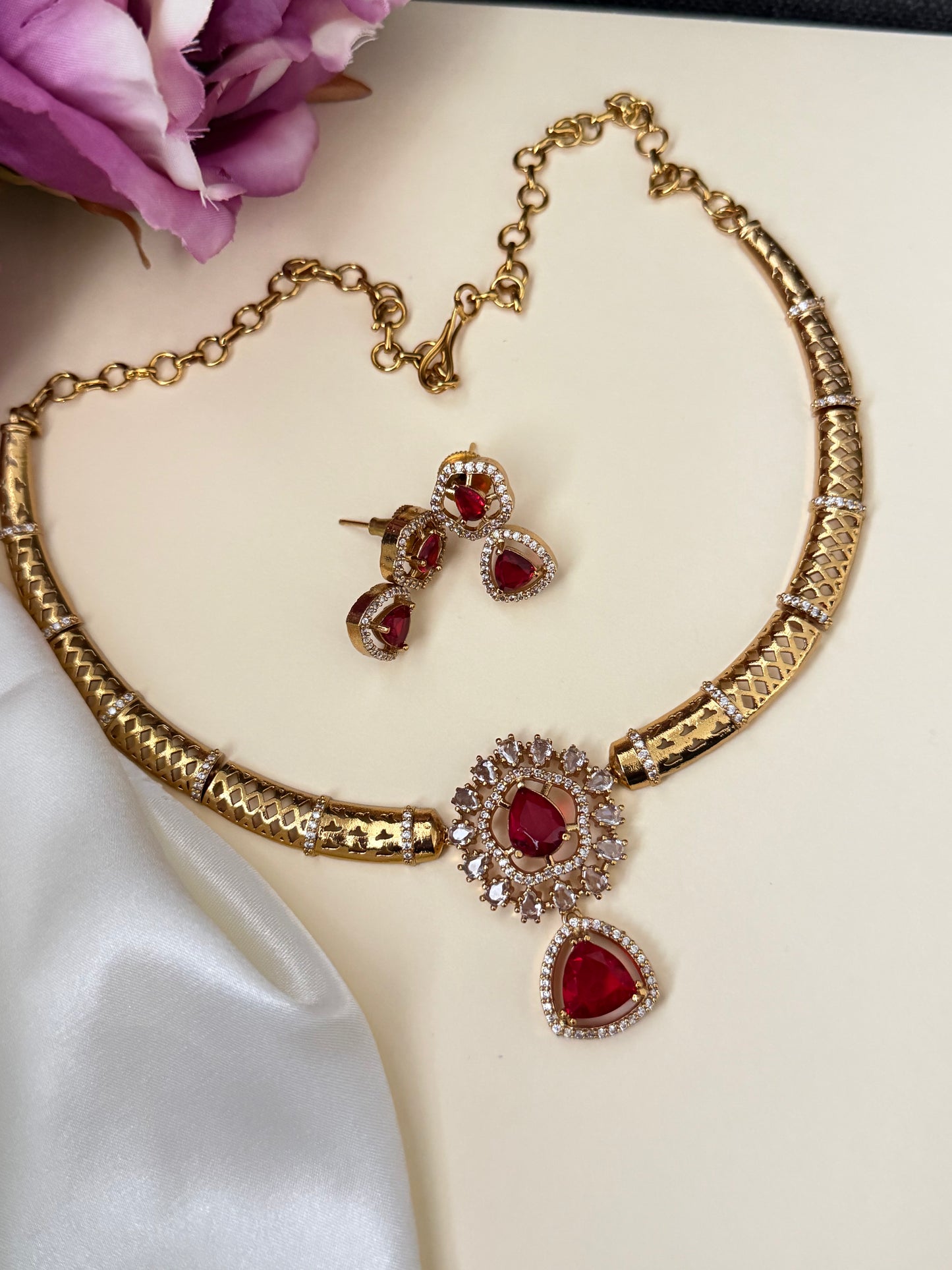 Ravina - Ruby Red CZ Hassle Necklace Set with Matching Earrings
