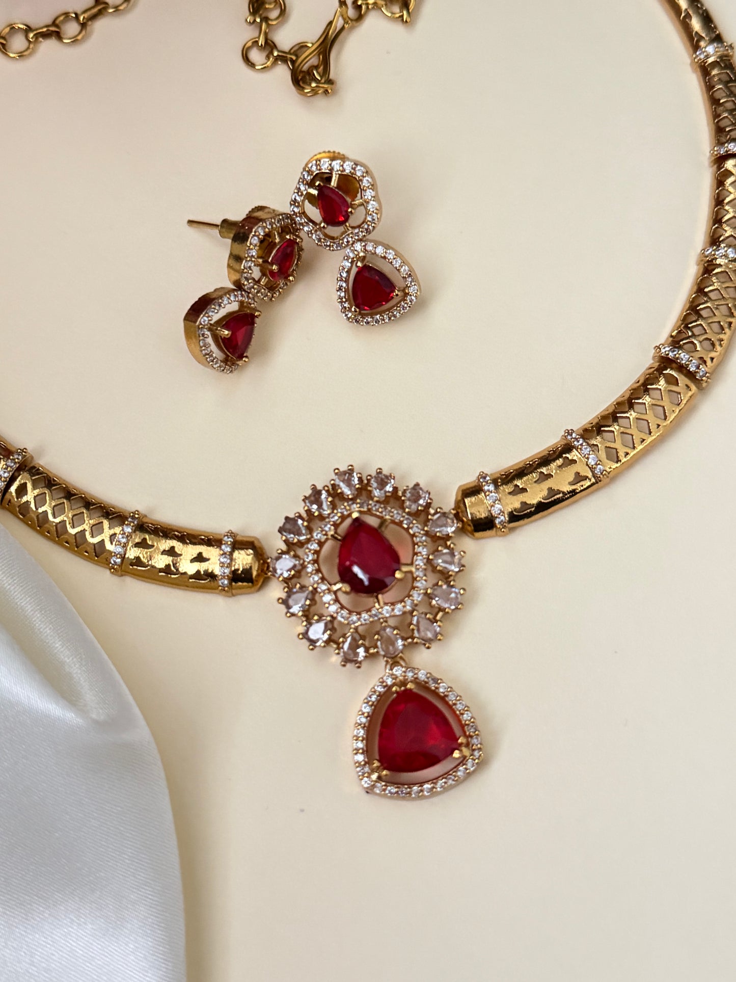 Ravina - Ruby Red CZ Hassle Necklace Set with Matching Earrings