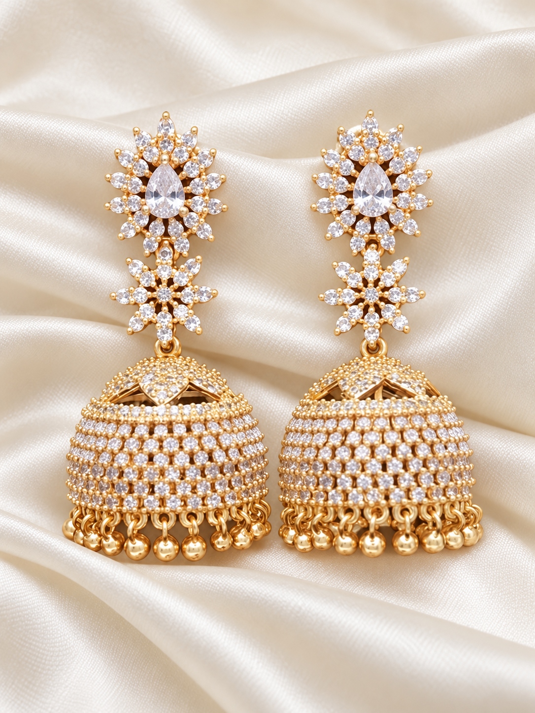 Rajashree V3 - Grand Jhumka Earrings | Micro Gold-Plated CZ Earrings