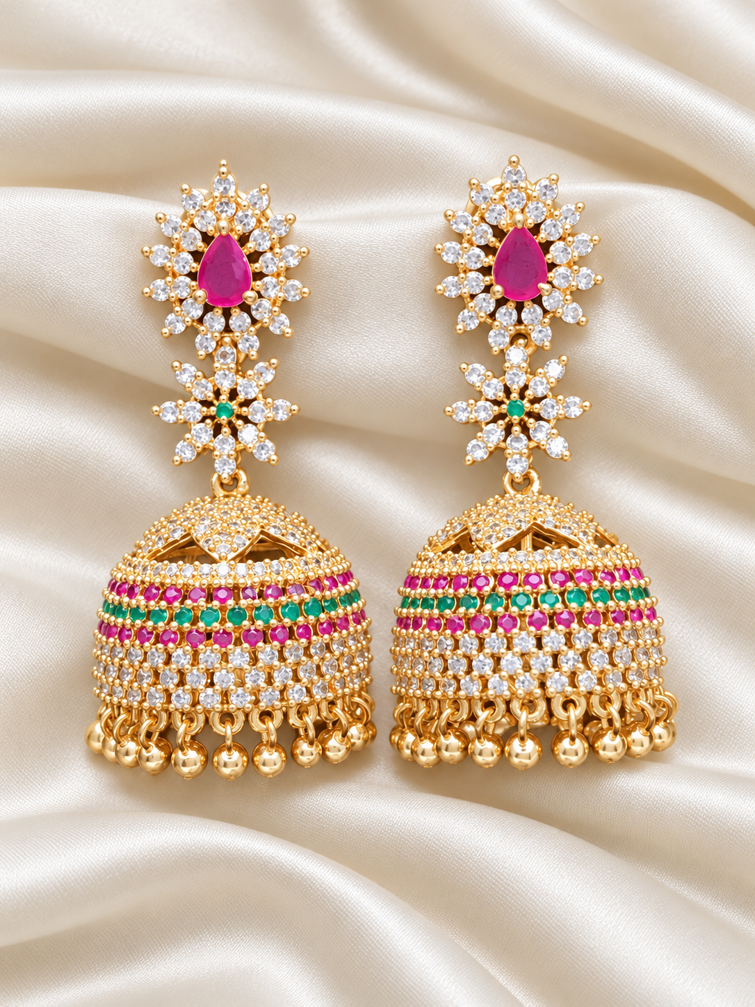 Rajashree V1 - Grand Jhumka Earrings | Micro Gold-Plated Earrings with Pink and Green Stones