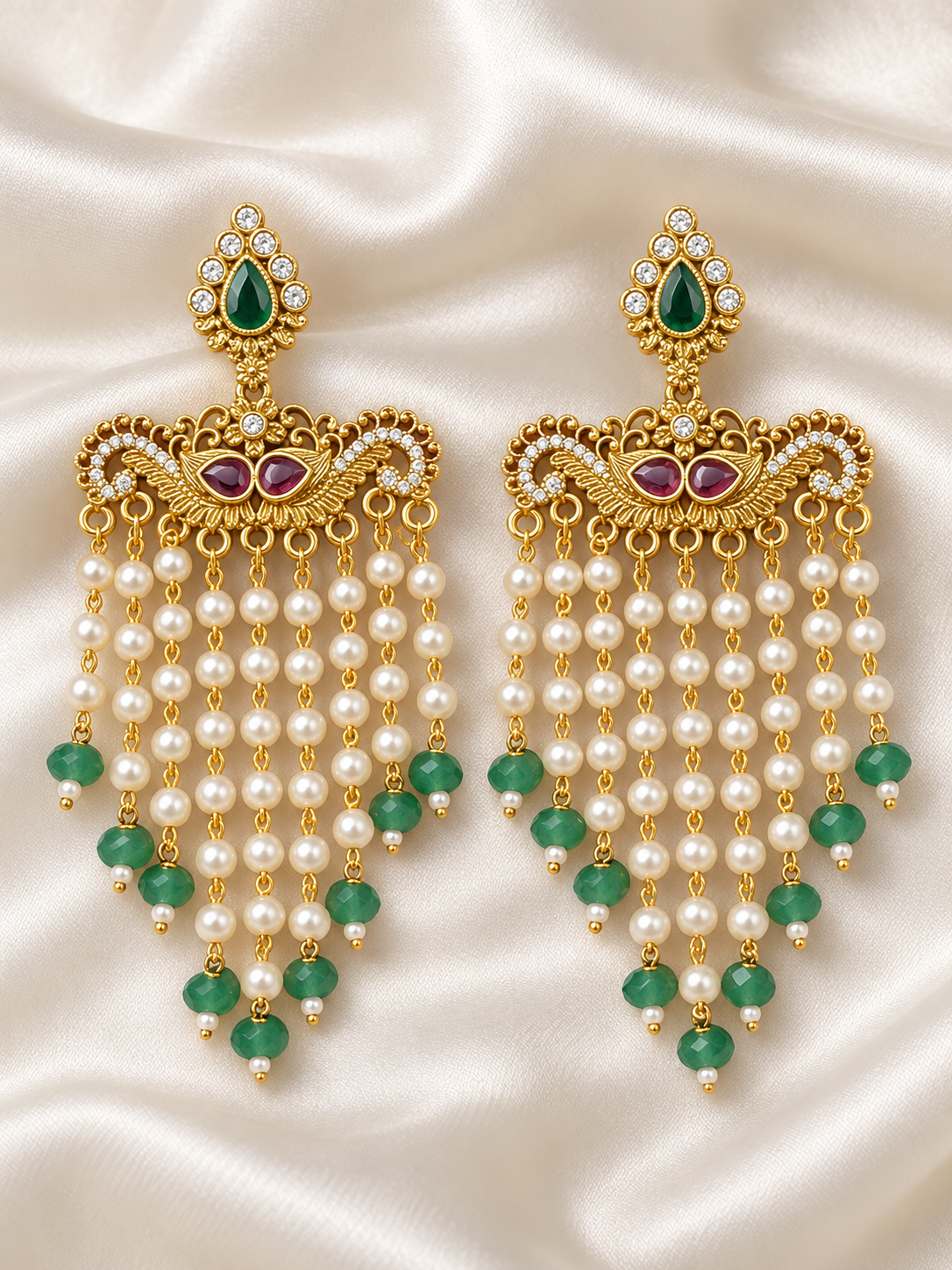Sailaja – Green & Burgundy Pearl-Style Chandelier Earrings | Indian Statement Earrings Australia