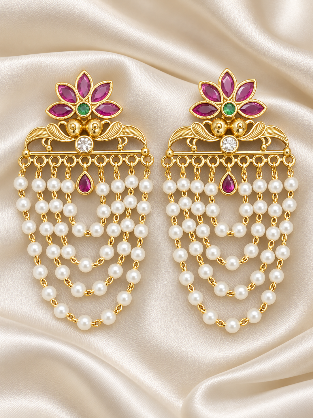 Shriya – Pink & Green Floral Chandelier Earrings | Pearl-Style Indian Earrings Australia