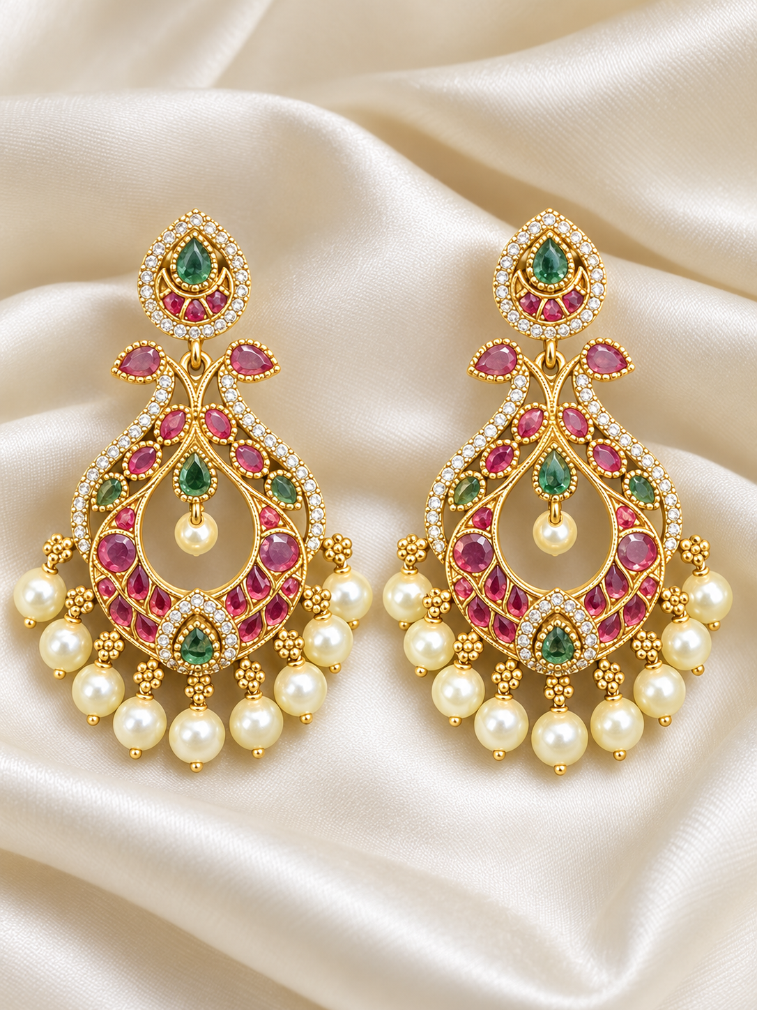 Sheela – Multicolour Stone Chandelier Earrings | Pearl Drop Indian Earrings Australia