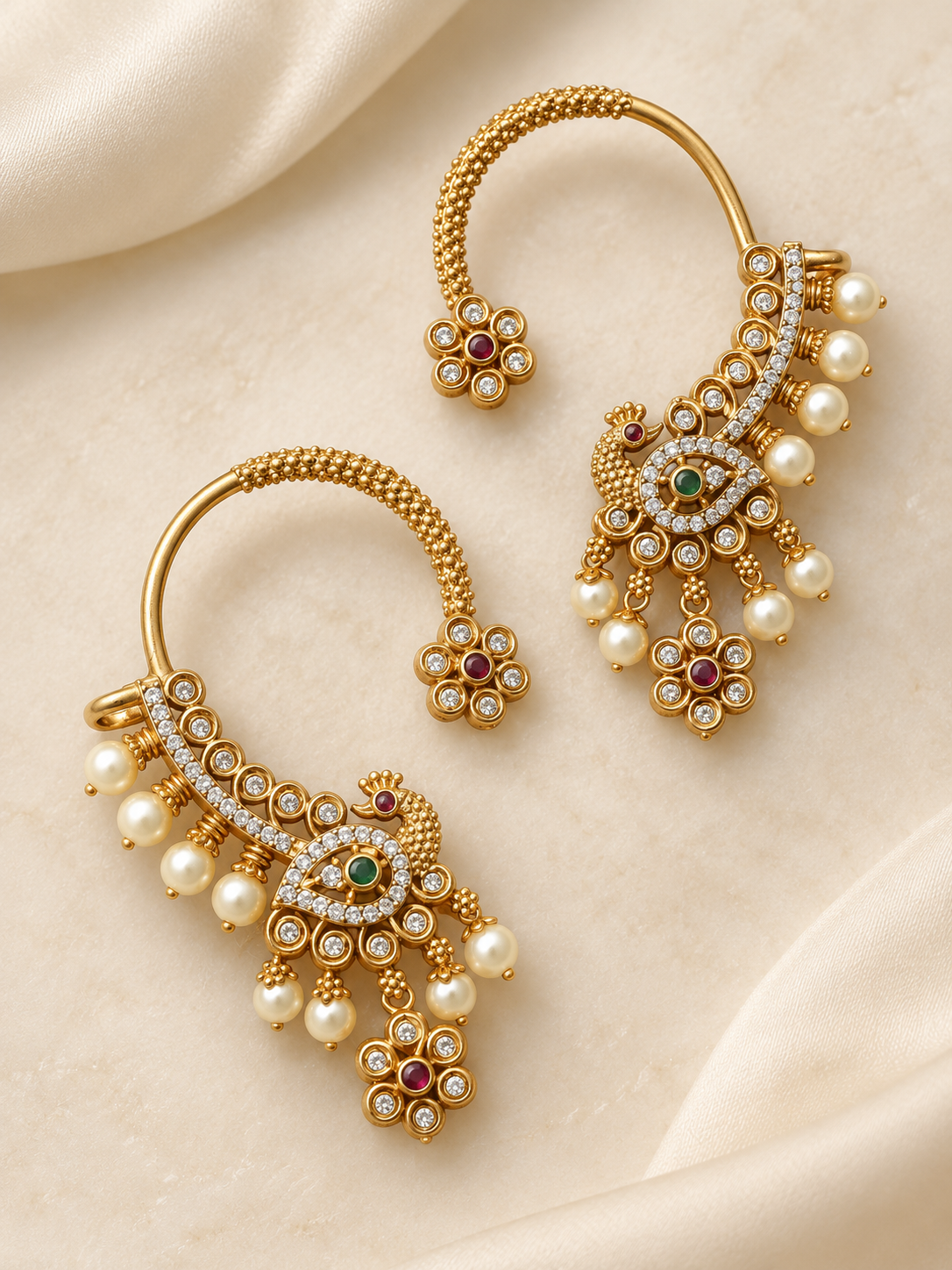 Mayil – Peacock Ear Cuff Earrings | Pearl Drop Indian Earrings Australia