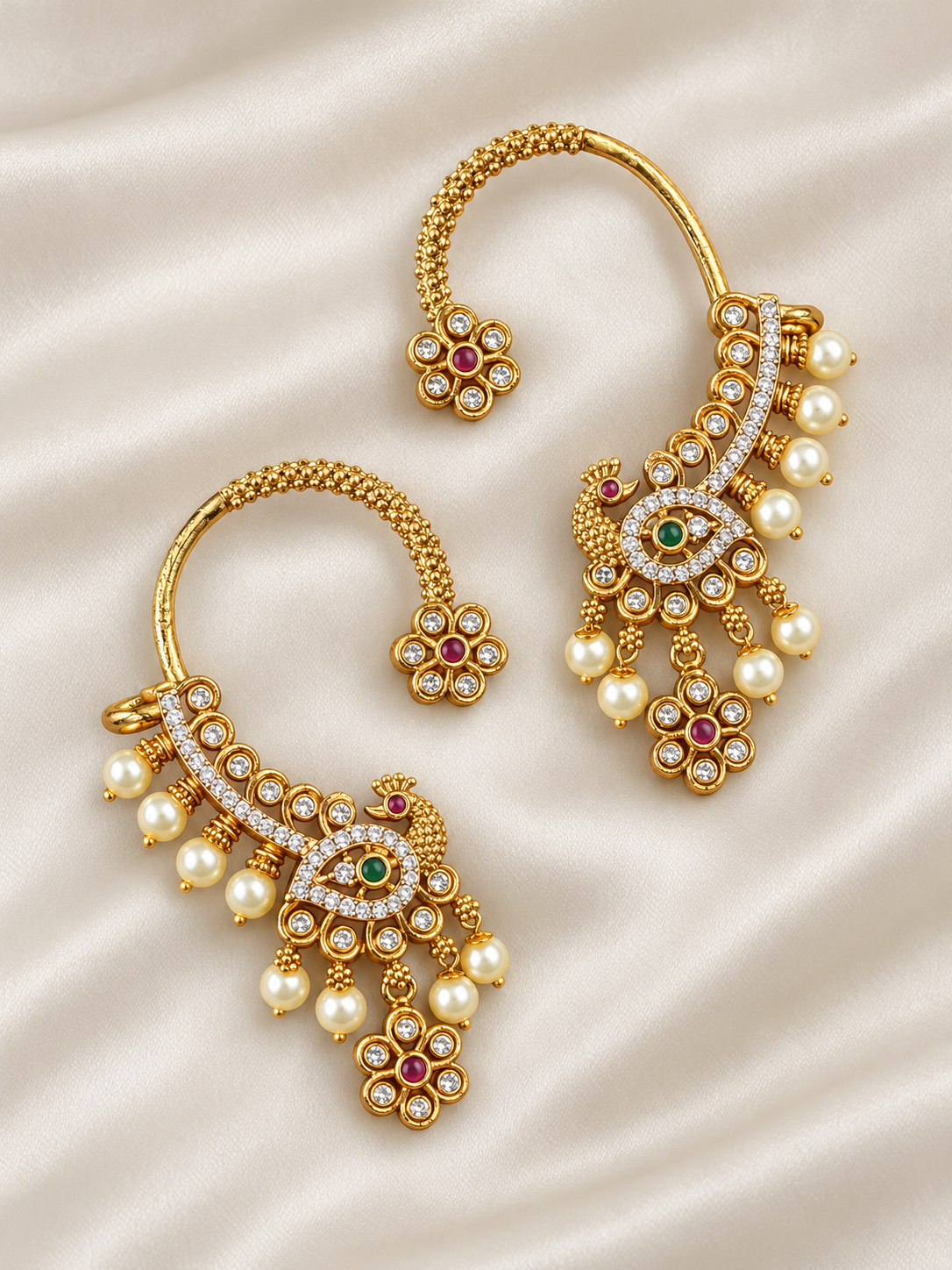 Mayil – Peacock Ear Cuff Earrings | Pearl Drop Indian Earrings Australia