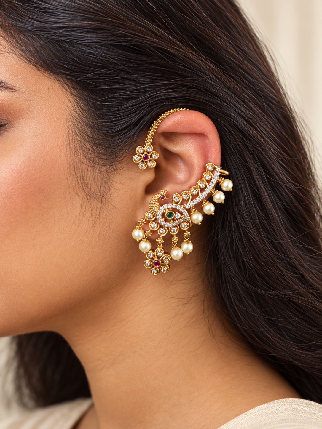 Mayil – Peacock Ear Cuff Earrings | Pearl Drop Indian Earrings Australia
