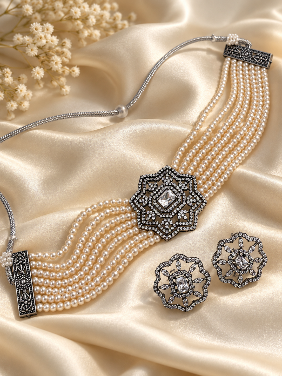 Noorani – Multi-Strand Pearl Choker Set with Matching Earrings